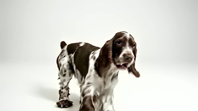 Playful youthfulness radiates from three energetic dogs, each showcasing distinct personalities, as one stands tall with mouth agape, another runs freely on a pristine surface.