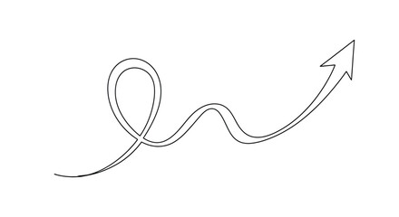 Simple black line drawing of a winding path with a loop and an upward pointing arrow symbolizing progress and success