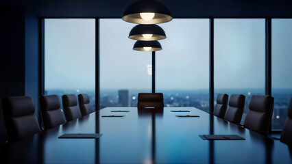 Empty modern corporate boardroom with large window overlooking a city skyline at dusk or night, featuring a long dark conference table and leather chairs under hanging pendant lights
