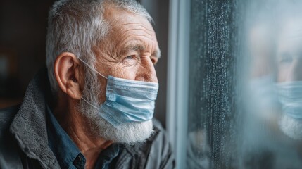 A thoughtful elderly man wearing a face mask looks out a rainy window, reflecting on life during challenging times.