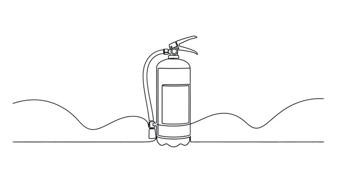 Minimalist continuous line drawing of a fire extinguisher standing on a wavy ground line against a white background