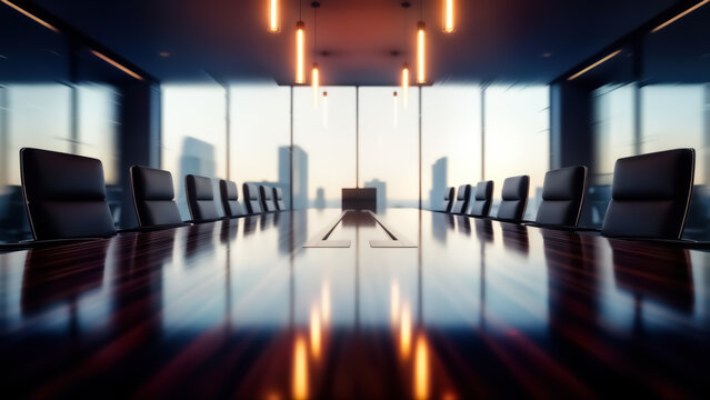 Modern and luxurious boardroom with dark wood table and leather chairs, featuring large windows overlooking a city skyline at dusk with dramatic lighting