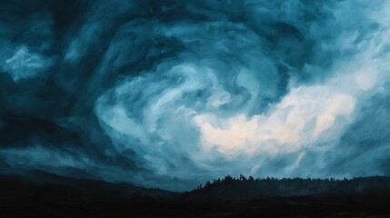 Obraz premium A dramatic, swirling sky with deep blues and soft white clouds, silhouetted by a dark horizon, evoking a sense of mystery and awe.