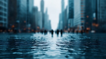 A misty urban scene with reflections on water, featuring blurred figures walking through a cityscape filled with tall buildings.