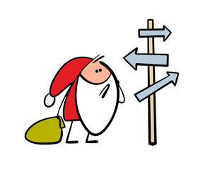 Confused, Santa Claus stands at an intersection, looking at a road sign and wondering where to go. Vector illustration of a dwarf with a bag of gifts and arrow pointers on the way. 