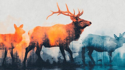 Fototapeta premium A stunning artistic representation featuring silhouettes of deer and elk, blending with vibrant colors and forest imagery.
