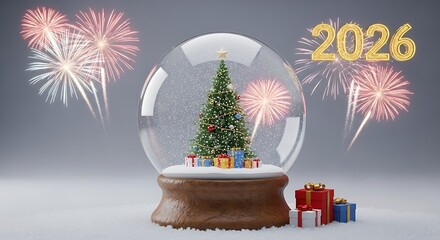 A snow globe with a christmas tree inside and fireworks with the year two thousand twenty six