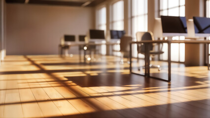 Sunlight streams through large windows casting dramatic shadows across the polished wooden floor of a modern, empty office space with multiple computer workstations
