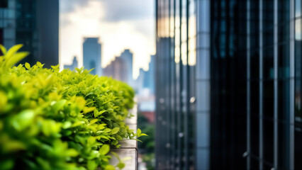Naklejka premium Vibrant green foliage thriving on a modern city rooftop terrace with blurred contemporary skyscraper architecture providing a stark, urban backdrop in the background