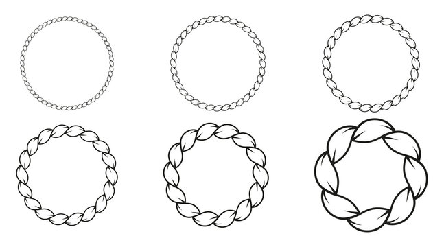 Set of round nautical rope frames in various thicknesses, ideal for creating borders and decorative elements. Collection includes braided rope circles and editable rope brushes. 