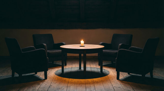 Dimly lit circle of chairs around a single candle symbolizing reflection silence emotional gathering and inner healing