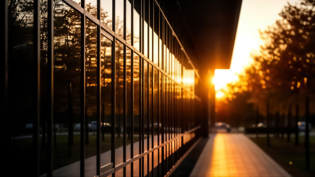 Dramatic sunset light reflecting on the glass facade of a modern office building exterior with dark vertical mullions creating strong lines along a paved walkway