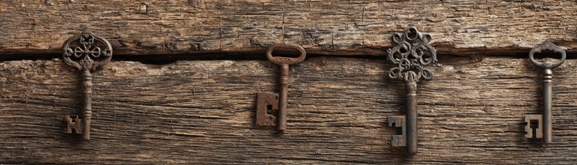 A collection of antique keys displayed on rustic wood, showcasing their intricate designs and vintage charm.