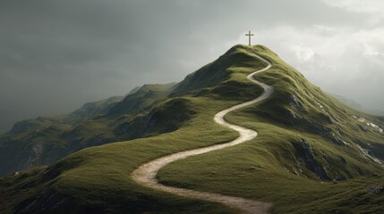 A mountain with a cross on top and a path leading up to it. The path is winding and the mountain is covered in grass