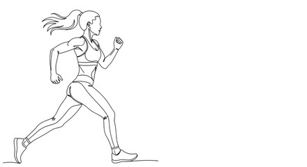 Continuous line drawing of a fit woman in athletic wear running with her hair flowing dynamically against a clean white background