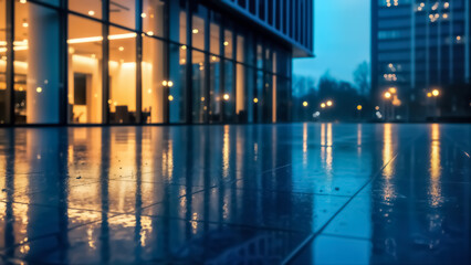 Wet pavement reflecting modern office building lights at dusk or night, creating a dramatic, moody urban scene with deep blue tones and illuminated windows