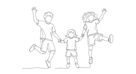Three joyful children holding hands and jumping in the air with excitement and energy in a continuous line drawing style