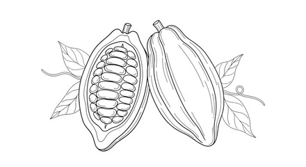 Detailed outline illustration of a whole cocoa pod and a halved cocoa pod showing beans and pulp with leaves