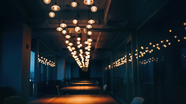 Long, dimly lit modern hallway or conference room interior featuring a dramatic overhead display of numerous glowing, round light bulbs creating a warm, inviting path into the distance