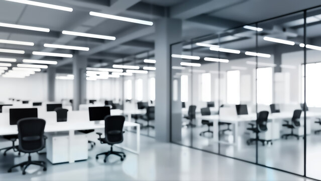 Blurred modern openplan office interior with white desks, black ergonomic chairs, glass partitions, and bright overhead fluorescent lighting, suggesting a corporate workspace - Powered by Adobe