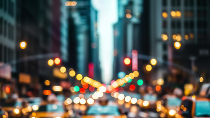 Blurred city street scene at night with vibrant bokeh lights from traffic and tall building windows creating an abstract, dynamic urban atmosphere in a major metropolitan area