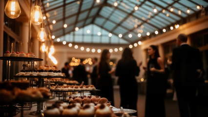 Elegant indoor evening reception or party with guests mingling near a dessert buffet table featuring numerous sweet treats under warm string lights in a glassroofed venue