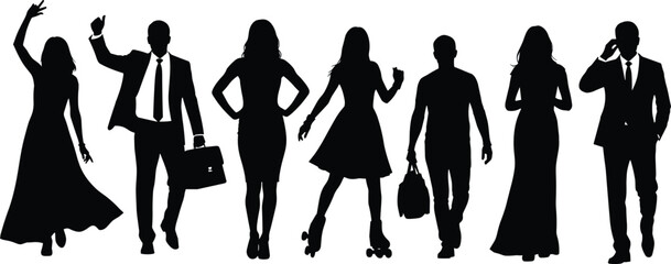 Silhouettes of diverse men and women in business, casual and fashion poses, standing, walking, dancing characters for vector illustration