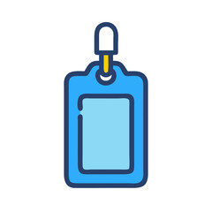 Blue ID badge illustration with black background and yellow accent