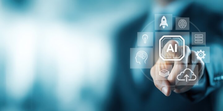 Artificial intelligence and innovation technology concept. Businessman interacting with AI interface, machine learning, cloud computing, and automation icons. Digital transformation, data-driven decis