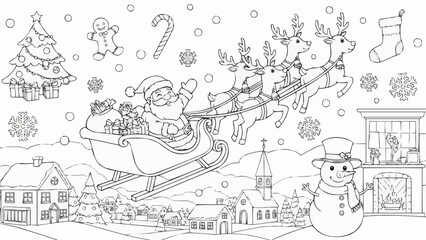 Obraz premium Santa Claus and his reindeer team flying in a sleigh line art illustration.