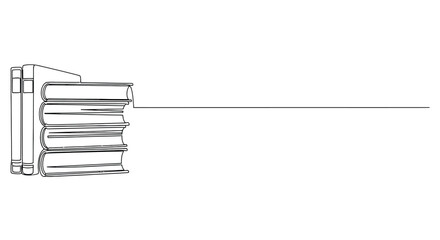 Minimalist continuous line drawing of a stack of books with a long horizontal line extending to the right on a white background