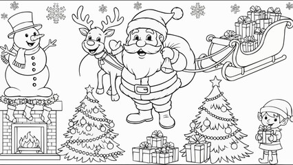 Festive Christmas Scene with Santa, Reindeer, and Snowman Coloring Page.