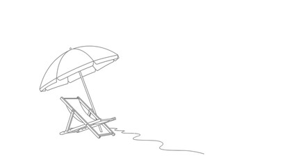 Minimalist line art illustration of a beach chair and umbrella on a white background representing a peaceful vacation scene © Line Home