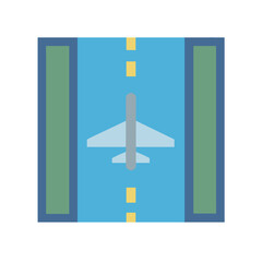 Fototapeta premium Flat airplane icon on runway with blue background
