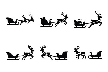Christmas reindeer sleigh icon set. Vector illustration of silhouette icons. © RotanKumer