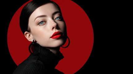 A woman with red lips and blue eyes is standing in front of a red background. The image has a bold and striking look, with the woman's features being the main focus