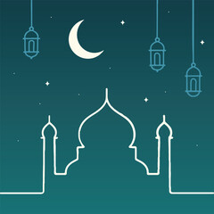 Fototapeta premium Elegant Islamic Night Illustration with Mosque Silhouette, Crescent Moon, Stars and Hanging Lanterns
