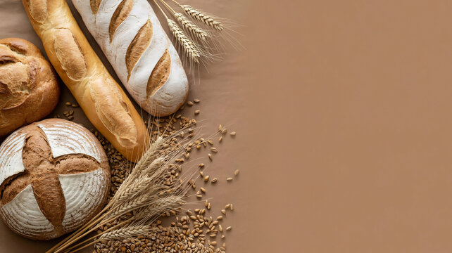 Freshly baked bread loaves with baguettes and wheat stalks on a brown background - Powered by Adobe