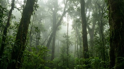 Enchanting misty rainforest scene with vibrant green foliage and towering trees creates a sense of wonder and tranquility, perfect for nature and conservation projects
