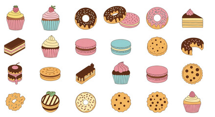 Indulge in sweet delights with these charming cupcakes, cookies, donuts, and macarons, perfect for bakery menus, dessert promotions, and sweet treat designs