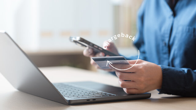 A person checking a credit card using a smartphone with a chargeback icon, highlighting minimum payment issues, overdue alerts, and financial risks. Minimum payment warning