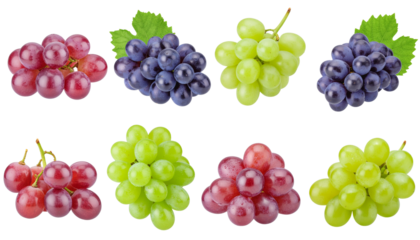 Collection of fresh, ripe, sweet grapes, including green, red, and black berries, on a vine cluster with a leaf, isolated on white backdrop.