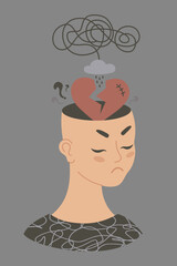Mental Health. Unhappy Human Face with Broken Heart, rain cloud and Tangled Thoughts from her head. Concept emotional pain, confusion, Depression and Stress. Vector Illustration. Not AI