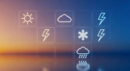 Forecast the future with weather neon icons for sunny days, clouds, lightning storms, snowflakes, and rain - perfect for weather apps