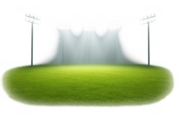 Sports stadium field with stadium lights illuminating green grass, ready for a nighttime athletic game, transparent background