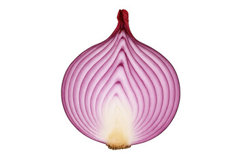 Red onion half showing vibrant purple layers and cross-section texture, fresh vegetable ingredient on transparent background