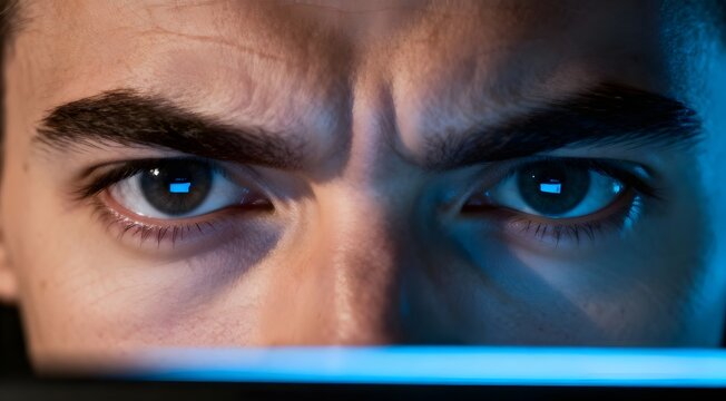 Close up of intense man eyes staring at computer screen with reflection. Hacker, gamer or programmer looking at monitor with blue and orange dramatic lighting at night. - Powered by Adobe