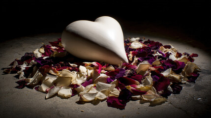 sorrow. A broken ceramic heart and scattered rose petals on a dark surface with dramatic shadows. wellbeing guides, coaching materials, designed for mental health education and mindfulness programs.
