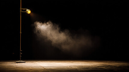 singer. Dramatic stage with smoky spotlight, creating cinematic atmosphere in dark ambiance. event programs, museum guides, designed for cultural heritage projects and event programs.
