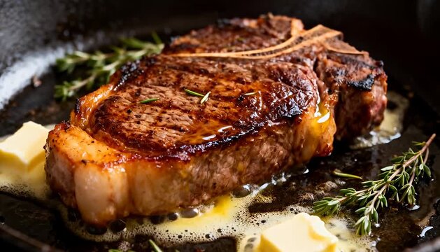 Sear beef t bone steak in cast iron pan with butter and herbs cooking recipe meal preparation guide.